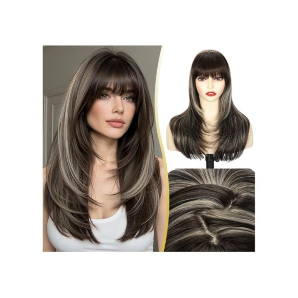 Sakuraaa Brown Mixed Grey Highlight Straight Wig with Bangs 20 Inch Layered Wigs